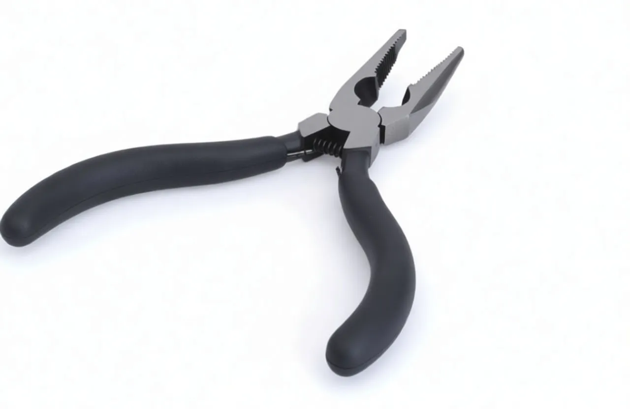 Open seger pliers with curved black handles, yellow collars, bent jaws with pin tips and visible spring