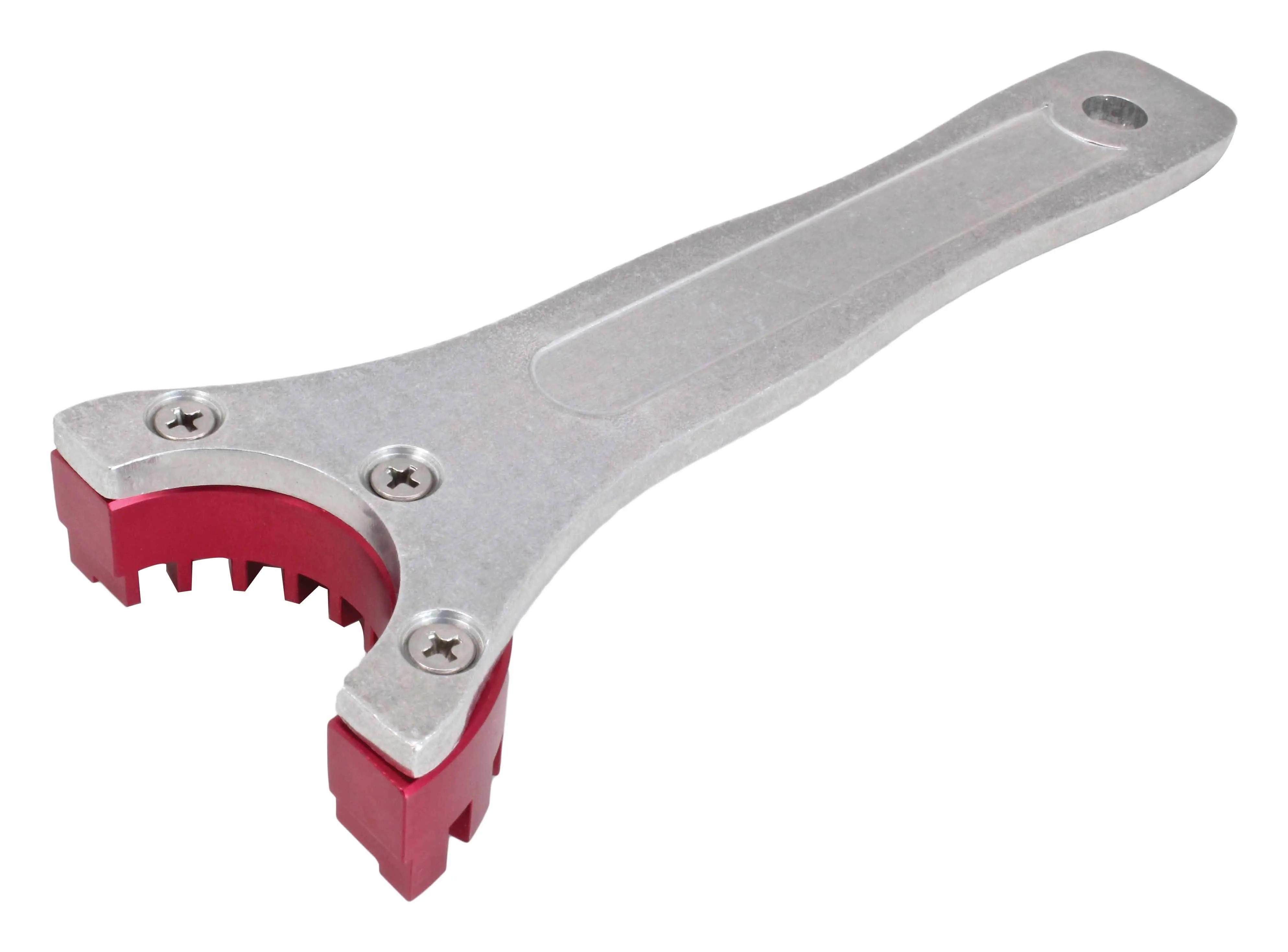 Wrench angled to show screws securing red jaws, U-shaped mouth with teeth, and silver handle with hole