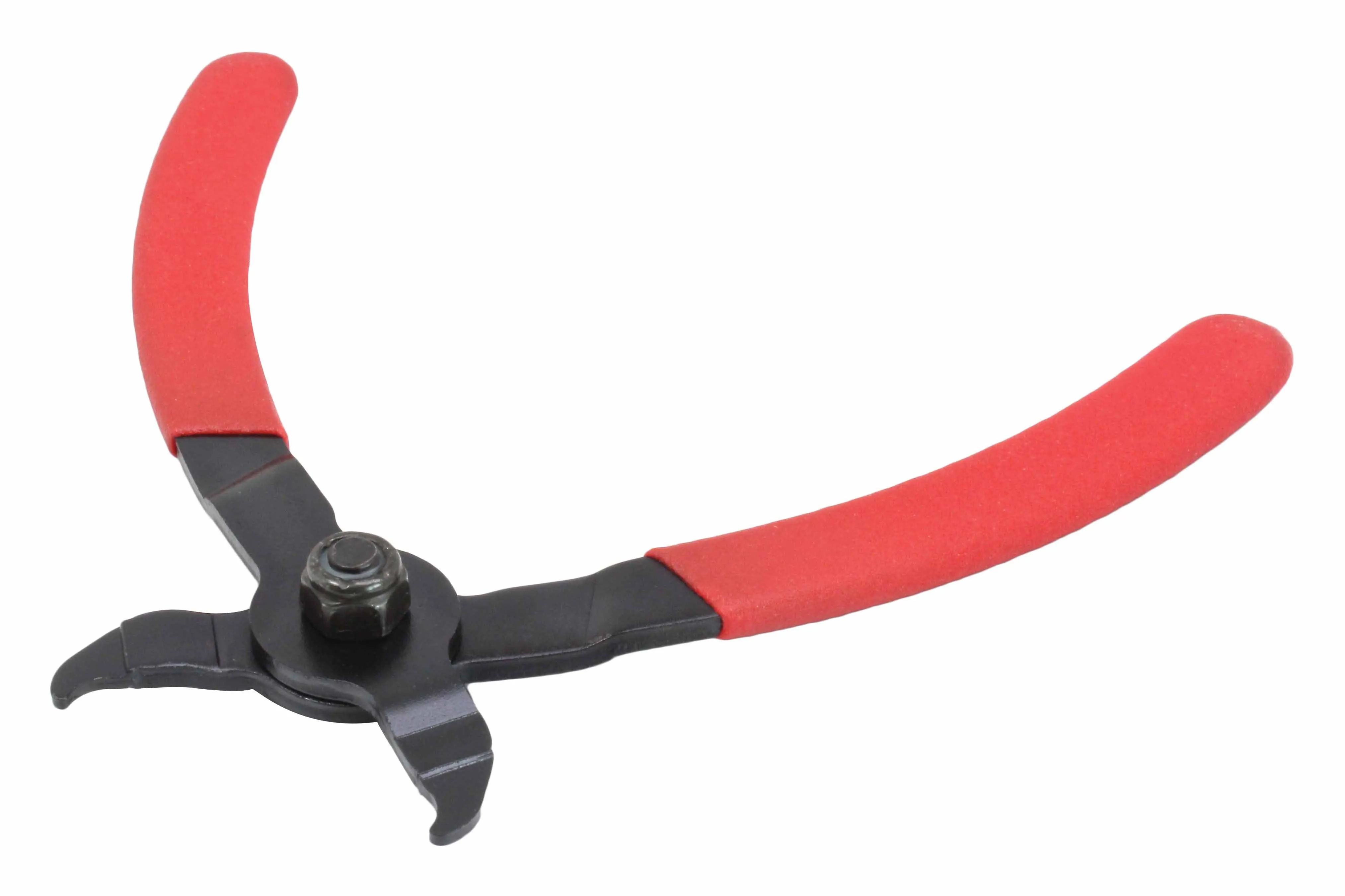 Underside view of master link pliers showing pivot nut, hooked jaw ends and red handles