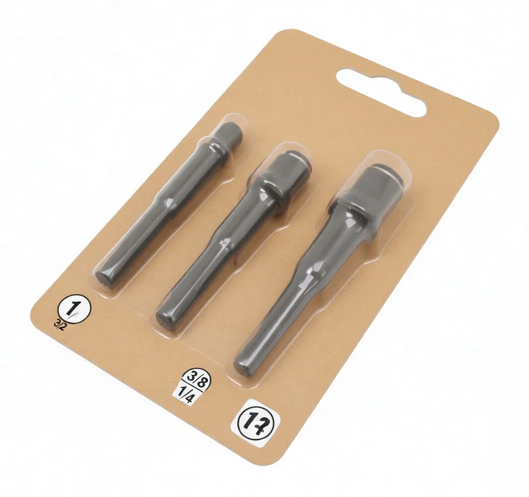 Angled view of three SaTra marked bit-and-socket adapters with size markings and ball detent on drives.