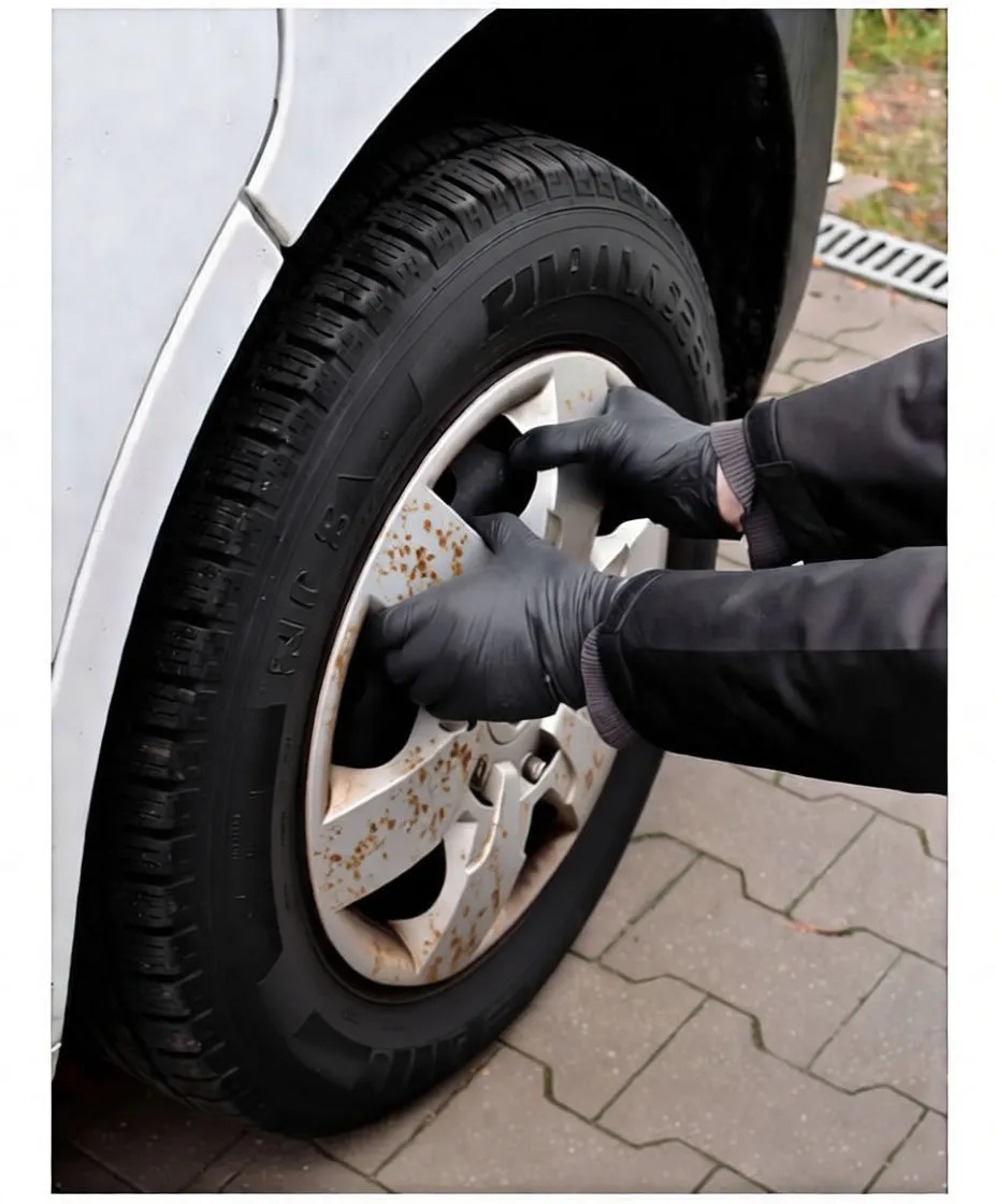 Hands wearing black nitrile gloves removing a car wheel cover, automotive setting