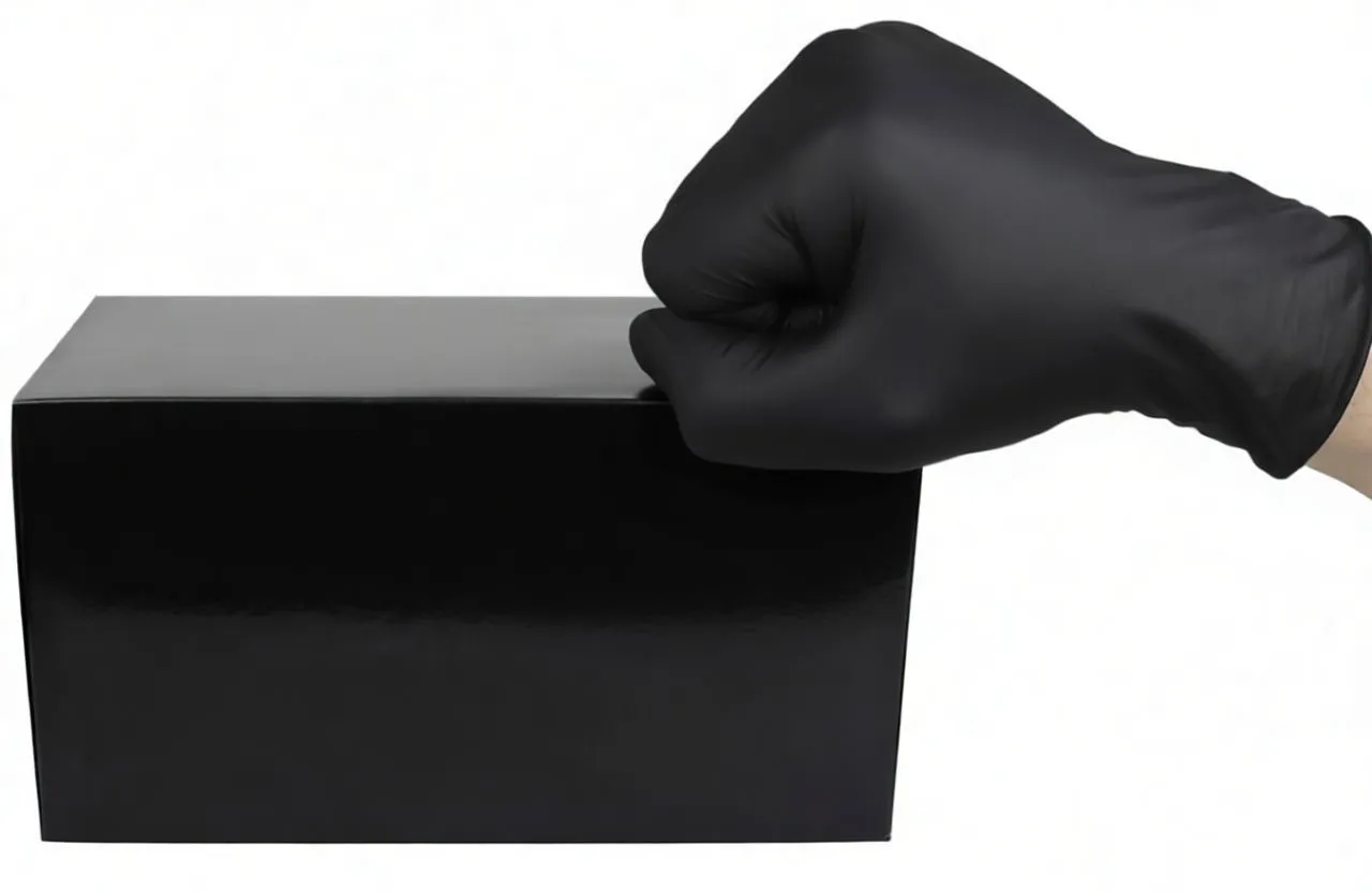 Fist wearing a black nitrile glove over a saTra S-M9GLD glove box showing product text