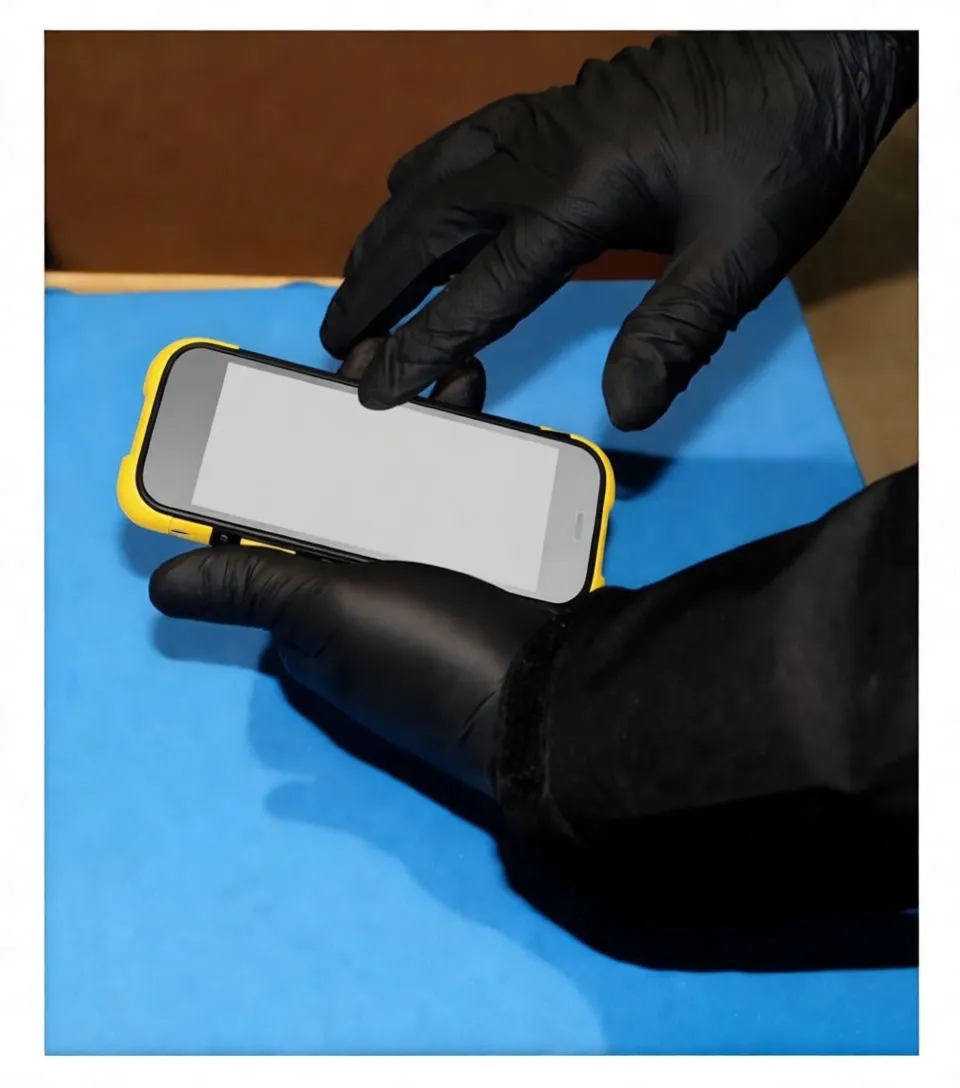 Hands in black textured nitrile gloves removing a car wheel cover