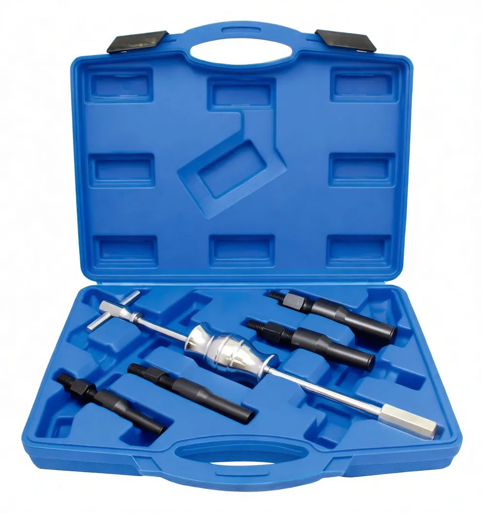 Angled view of open tool case displaying chrome slide hammer and multiple black threaded extractor legs