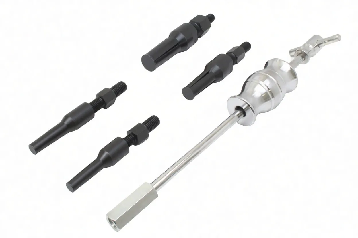 Close-up of slide hammer and several black tapered threaded extractor legs laid out on white background