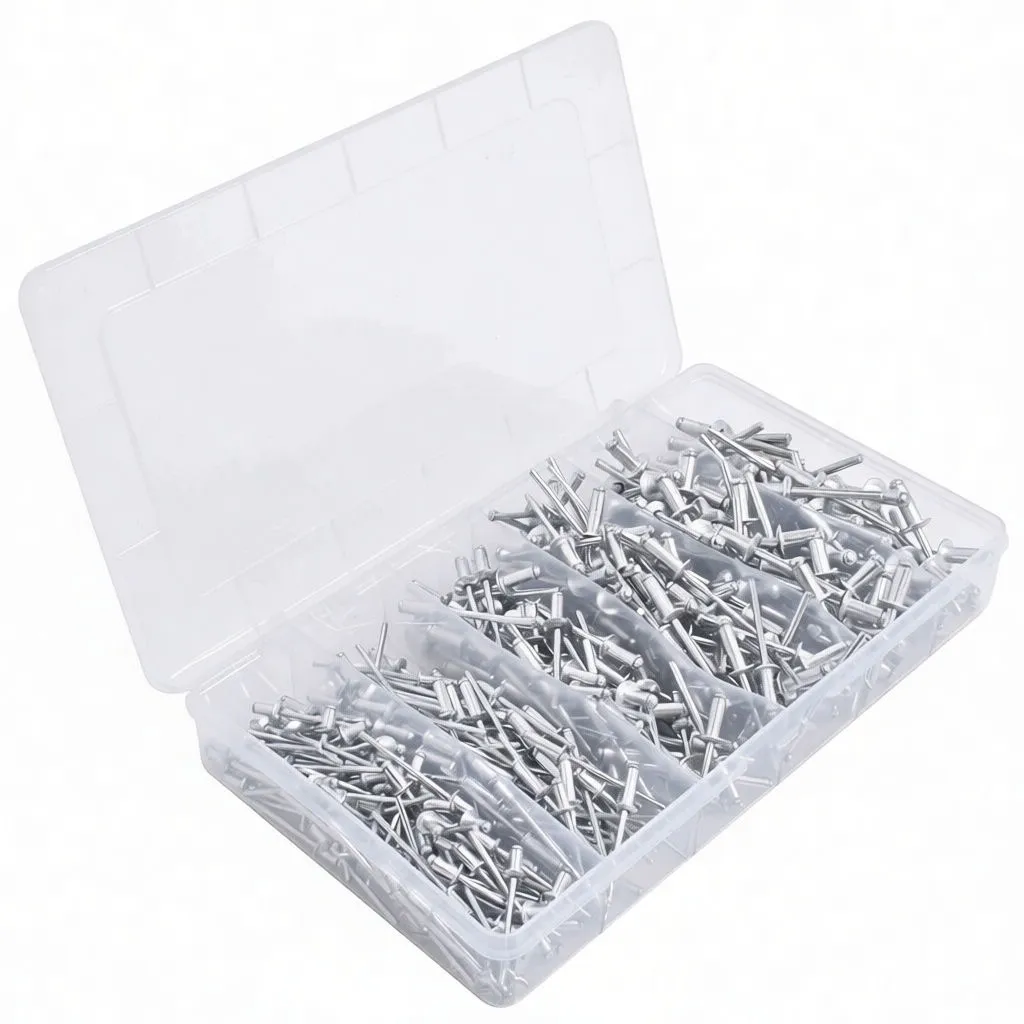 Open plastic organizer with divided compartments filled with assorted silver blind rivets and a faint label on the lid.