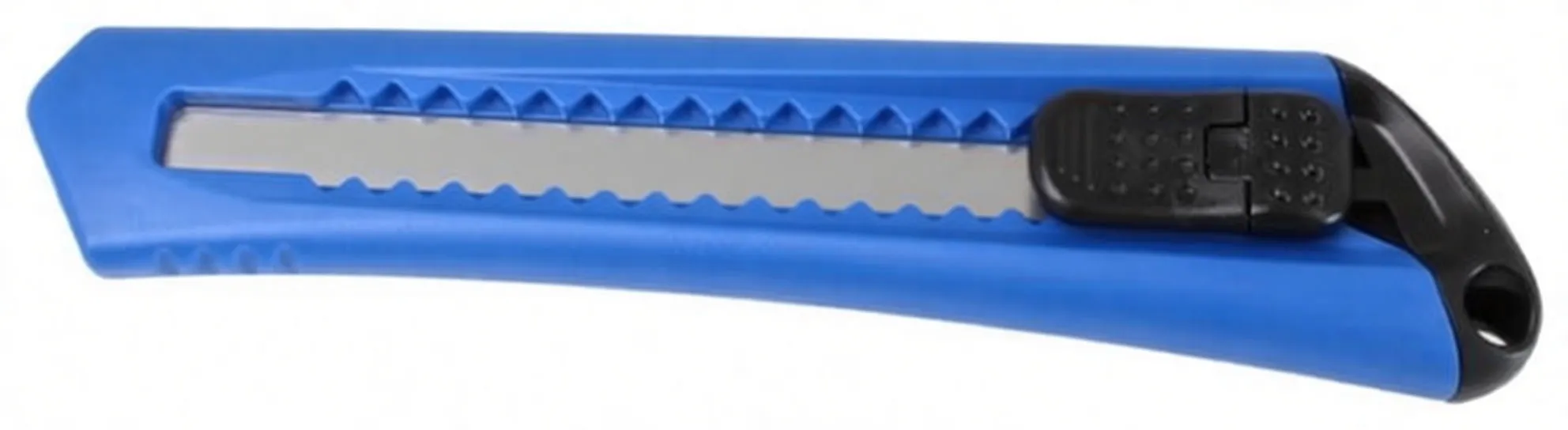Close side view of blue utility knife showing metal blade, black slider and lanyard hole