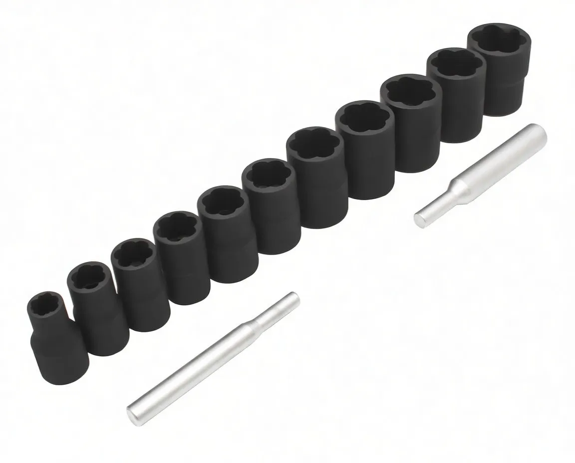 Row of black bolt extractor sockets on white background with two silver driver/adapter bars
