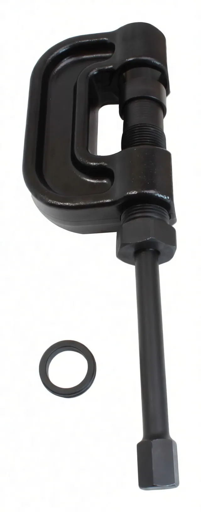 Vertical image of brake anchor pin press with hex drive shaft pointing down, showing C-frame, threaded housing, white marking on shaft and separate adapter ring.