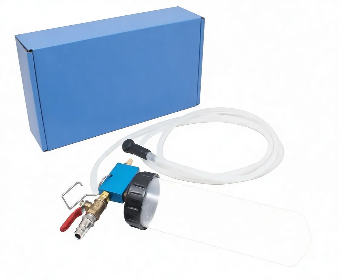 Close-up of brake fluid extractor: translucent bottle with black collar and red cap, blue branded head, brass valve with red lever and clear hose