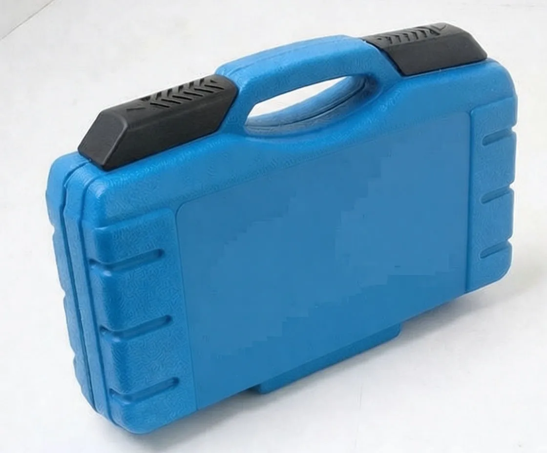 Closed blue ASTA branded hard plastic tool case with handle