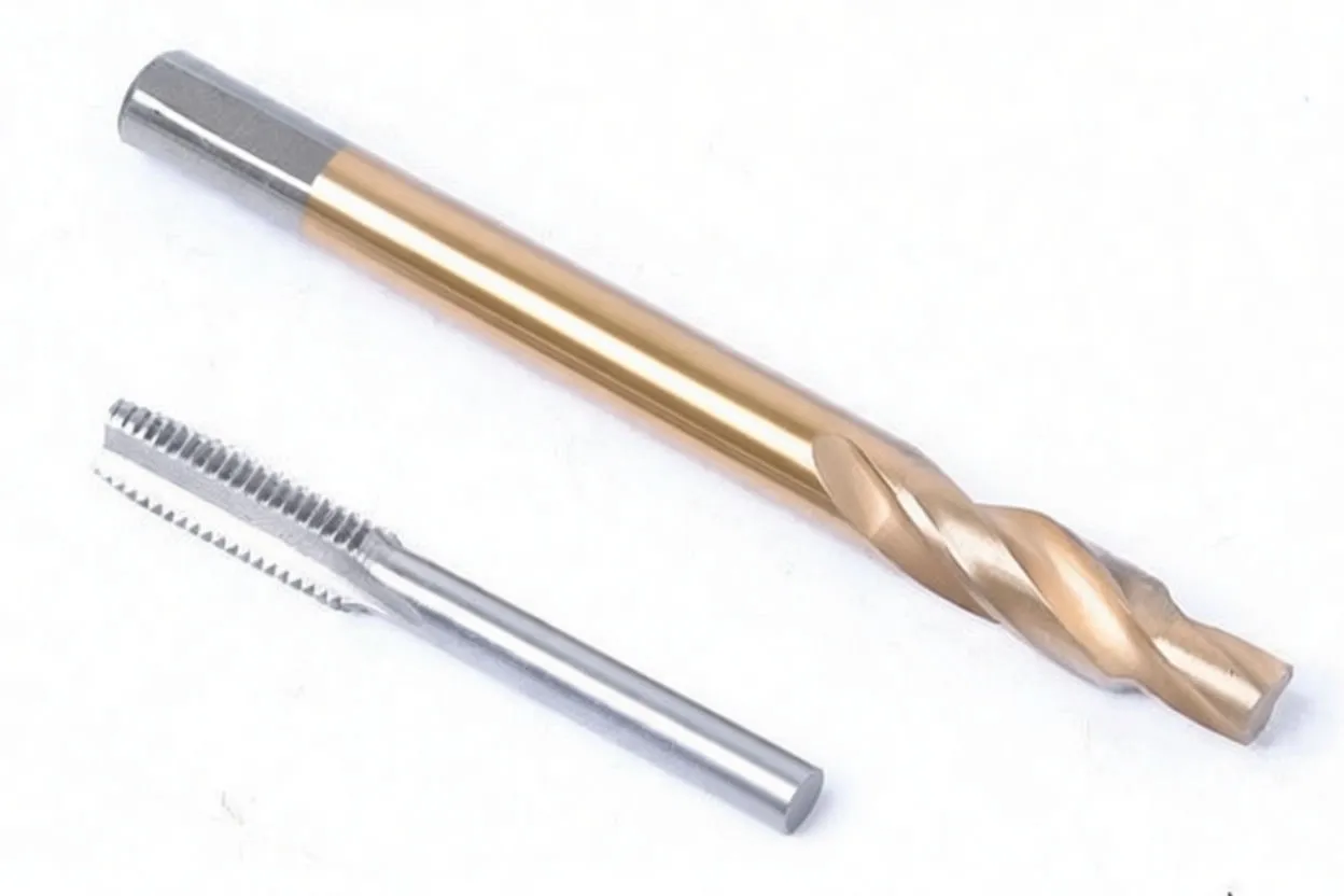 Gold-coated drill and silver tap tool, both marked ASTA