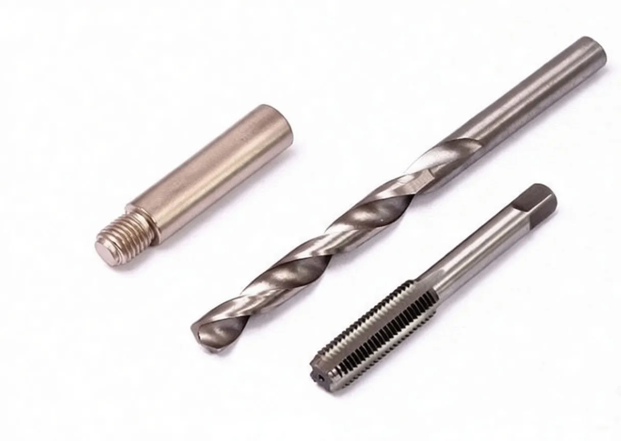 Close-up of a threaded insert, a twist drill bit and a machine tap from a brake caliper thread repair set