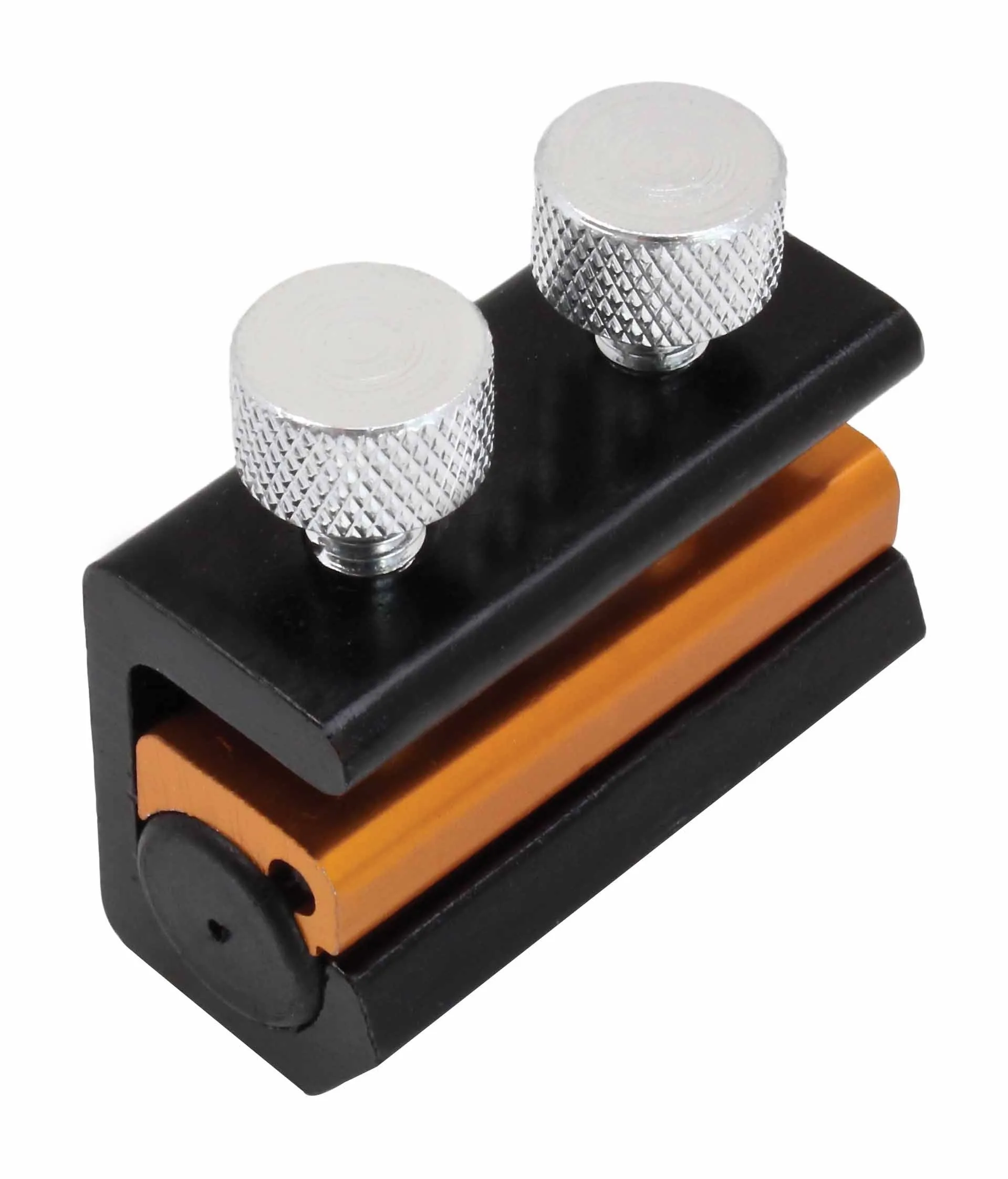 Top-angled view of clamp showing two silver thumbscrews, orange guide rail and rubber-lined cable groove