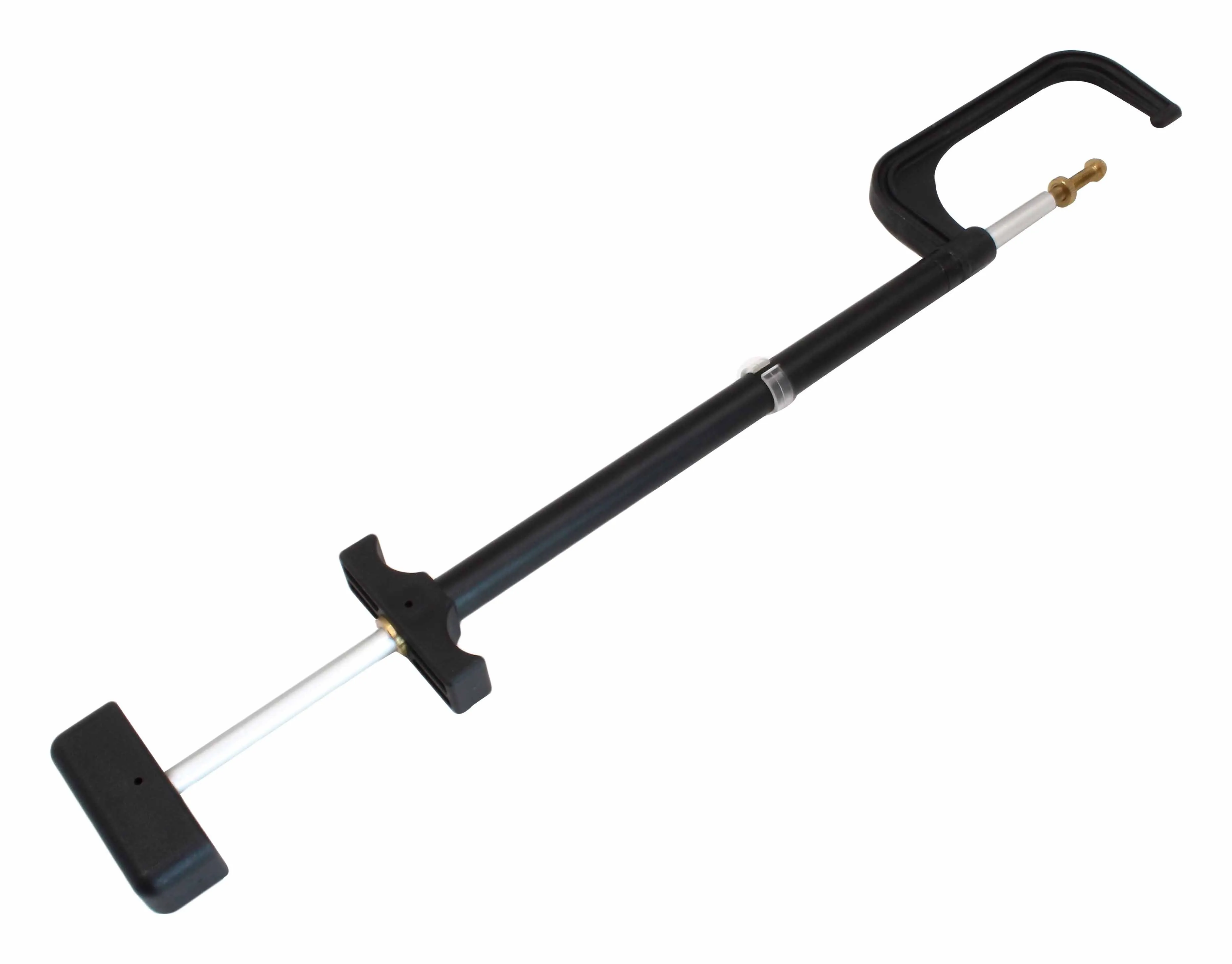 Angled view of brake disc thickness gauge showing C-jaw, sliding lock, brass tip and rectangular pad on white background