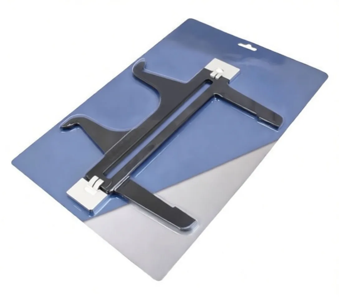 Close view of black metal brake drum wear gauge showing scale, brass locking screw, white slider and saTra S-1BDW marking