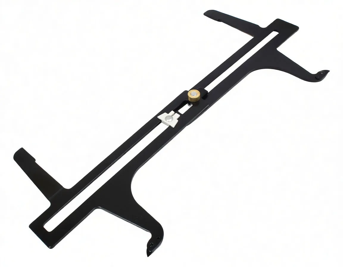 Angled photo of black brake drum wear gauge showing full length, hooks, brass locking nut and white slider