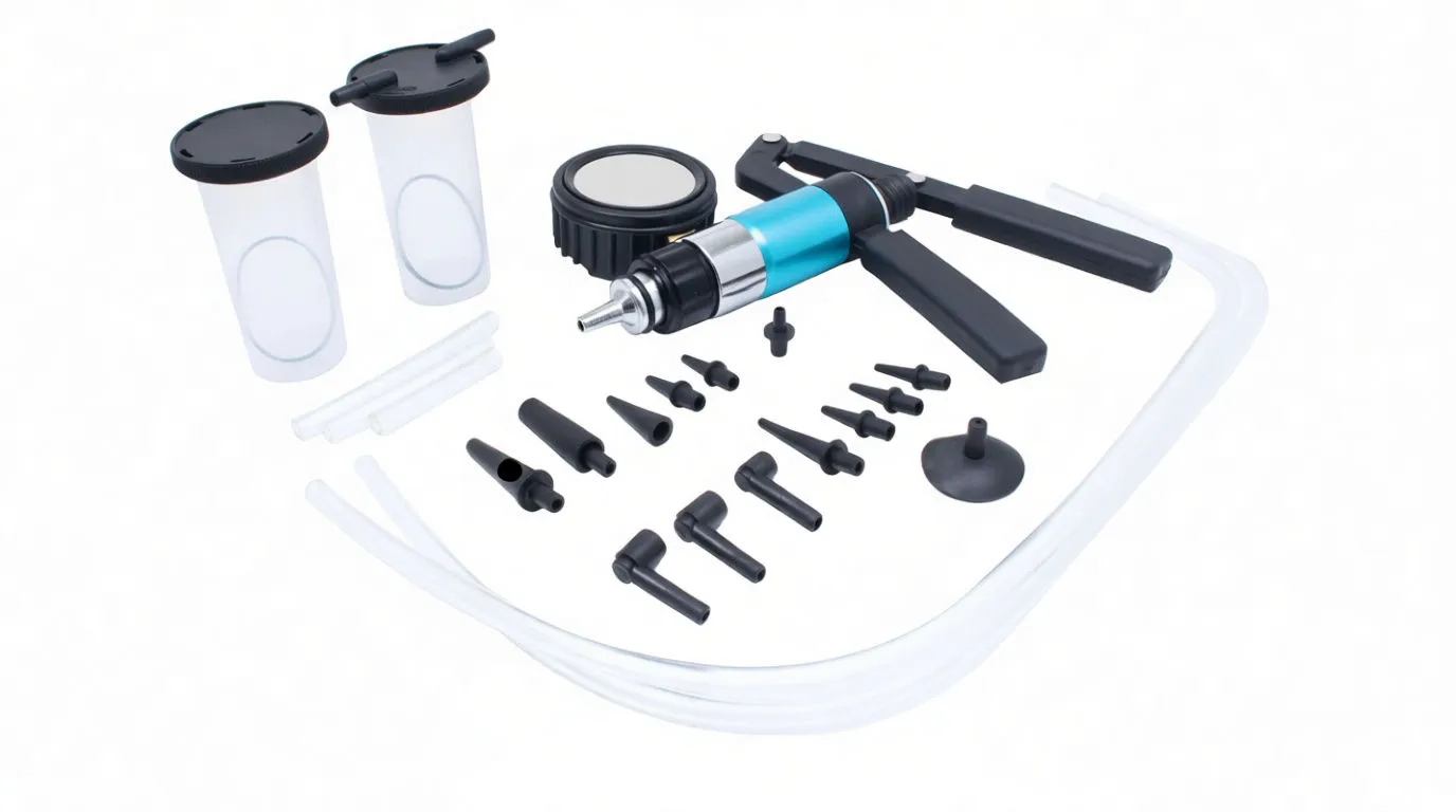 All kit parts spread out: hand pump, gauge, two reservoirs, clear hoses, suction cup and many small black adapter nozzles.