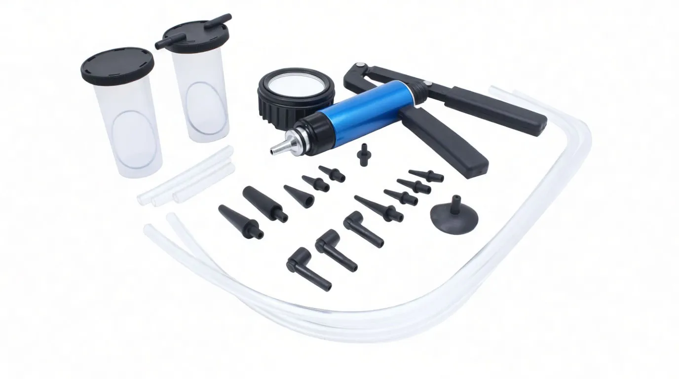 Angled shot of an open blue case showing a hand pump, gauge, one reservoir, tubing and rows of small black adapters.