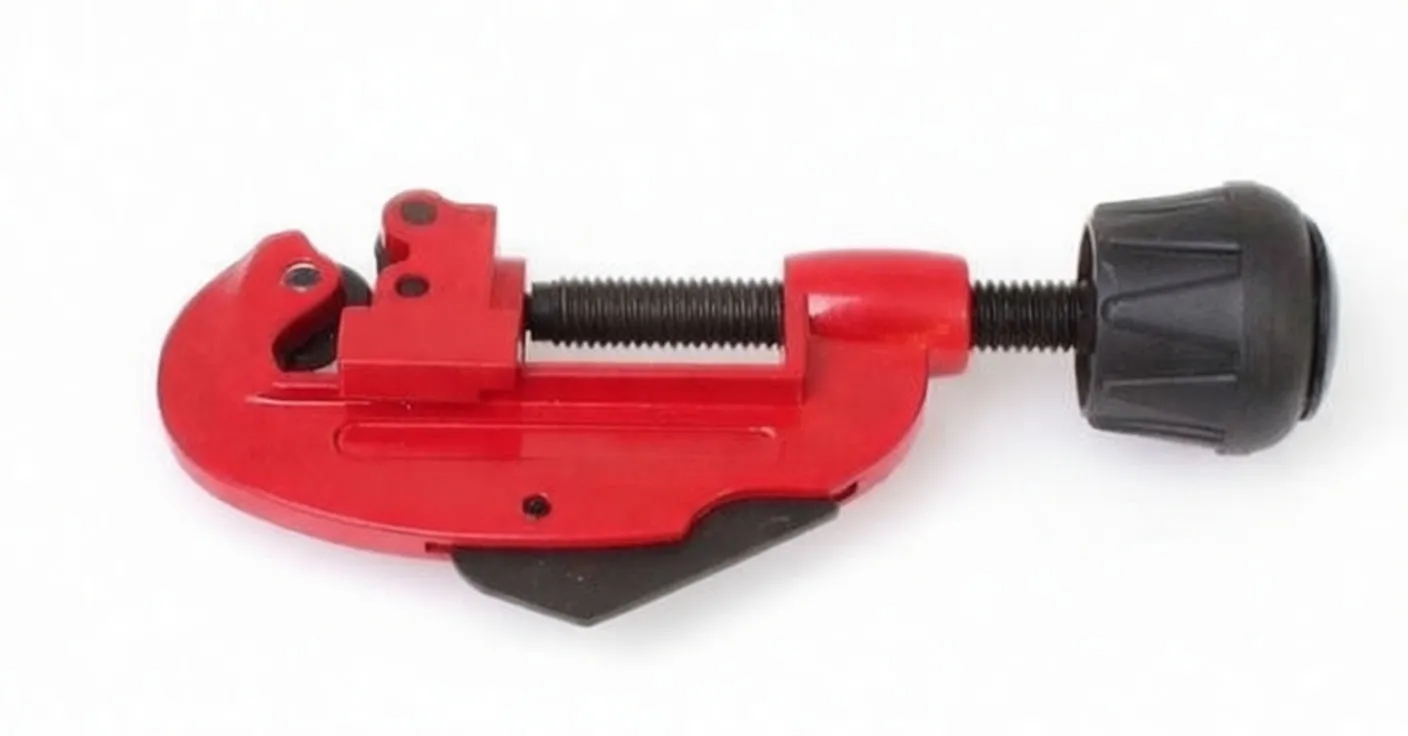 Red pipe cutter with black adjustment knob, threaded screw, cutting wheel and 'satra' logo visible