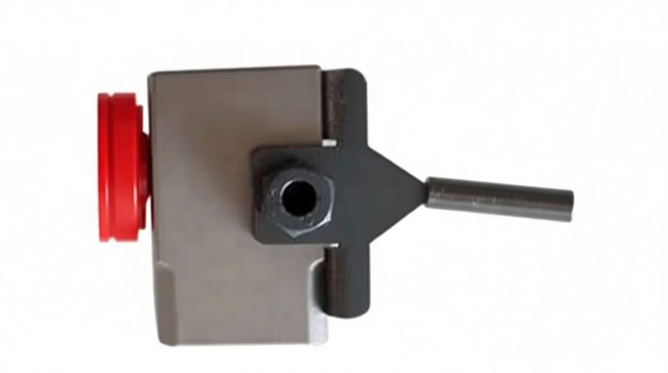 Angled view of flaring tool showing handle, metal block with stamped size markings and red grease container