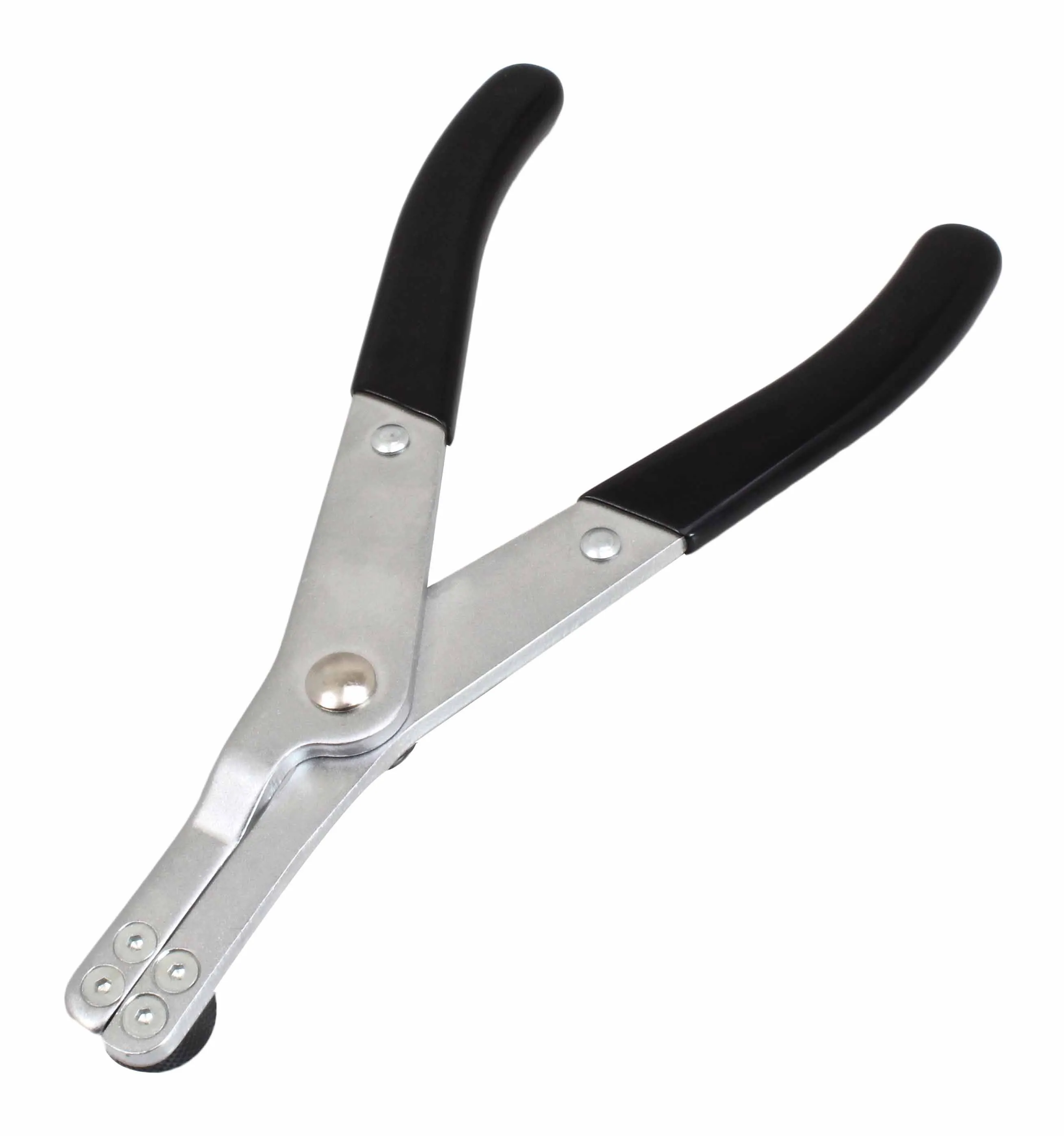 Rear view of brake piston pliers showing pivot rivets and black handles