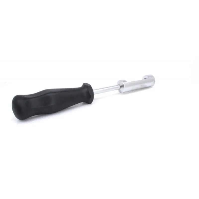 Oblique full-length view of tool with contoured black handle and hollow cylindrical metal tip