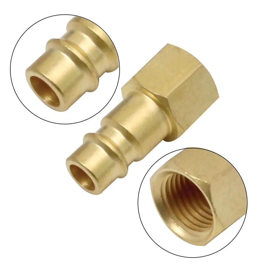 Brass quick connector with magnified insets showing hose barb bore and internal female threads.