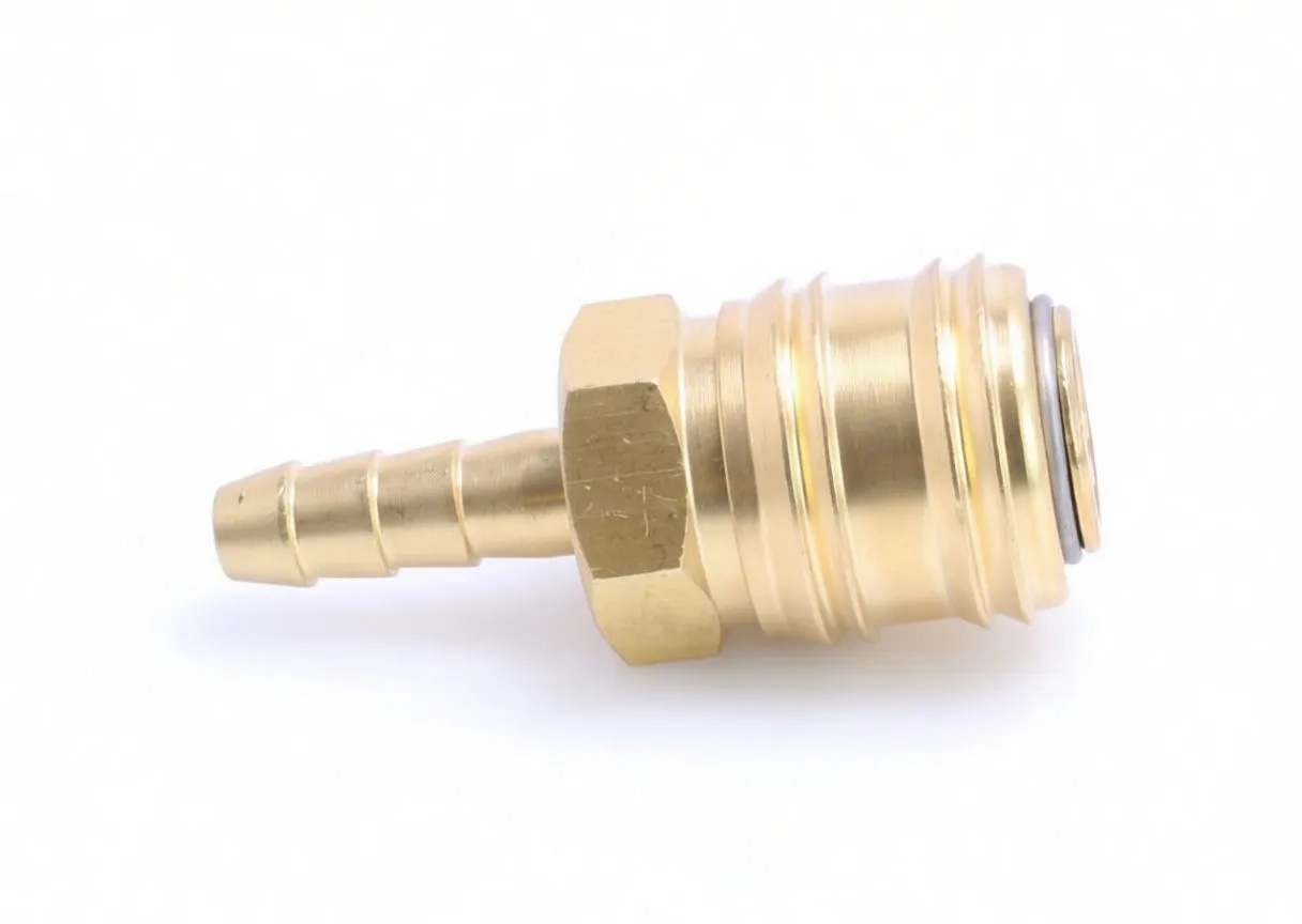 Side view of brass quick connect coupling with barbed tailpiece and hex flats on white background.