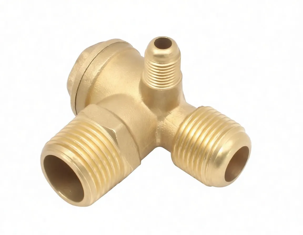 Angled brass tee valve showing threaded ports, hex flats and small top fitting