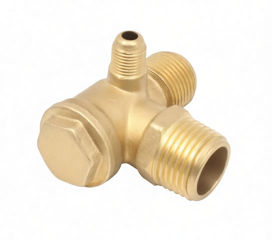 Side view of brass valve with hex service cap and two male threaded ports, small top nipple visible
