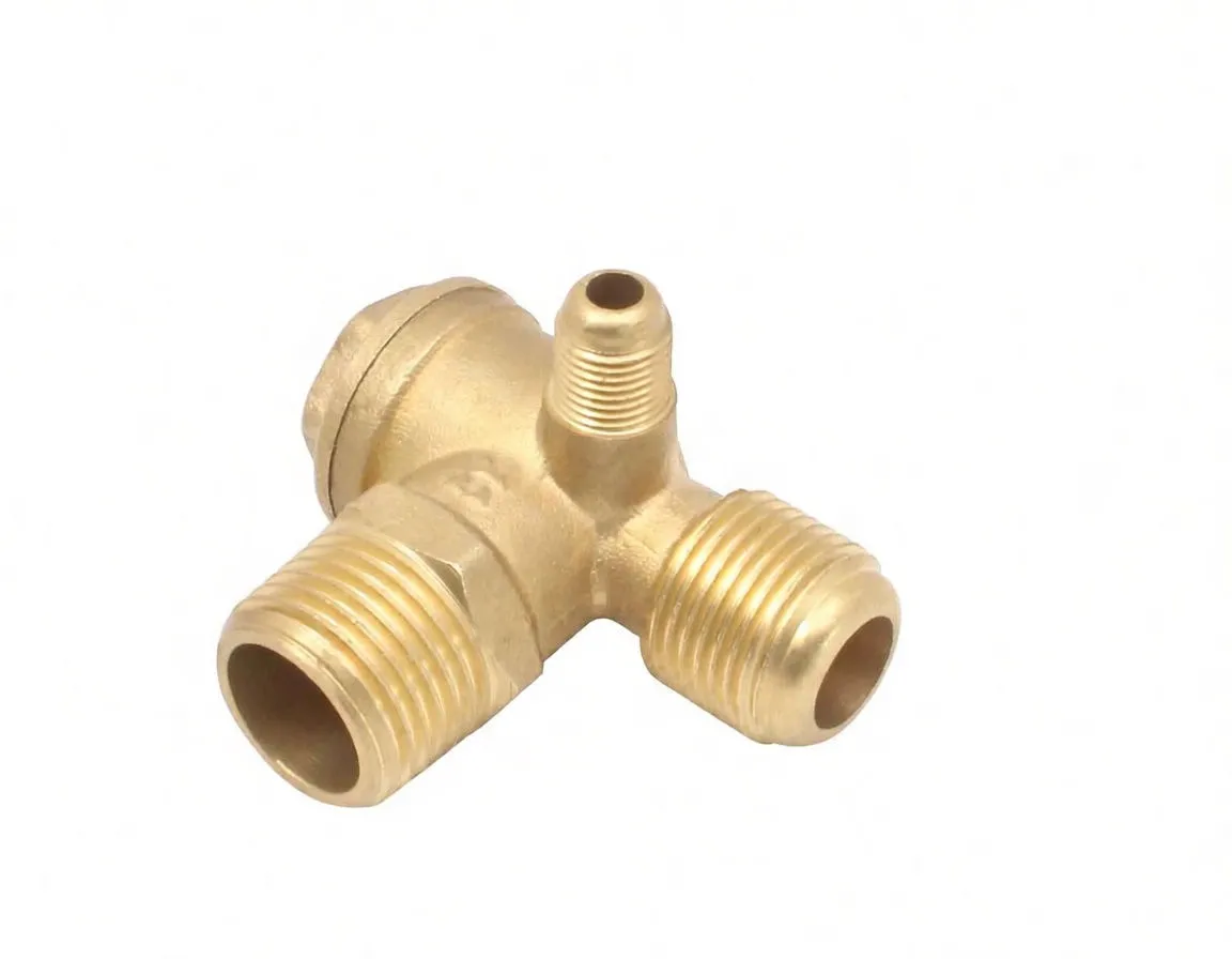 Brass T-valve with callouts M10x1, 1/2" and 3/4" pointing to the fittings
