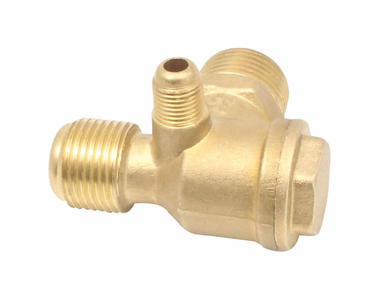 Angled underside view of brass valve showing curved body, two male threads and small threaded nipple