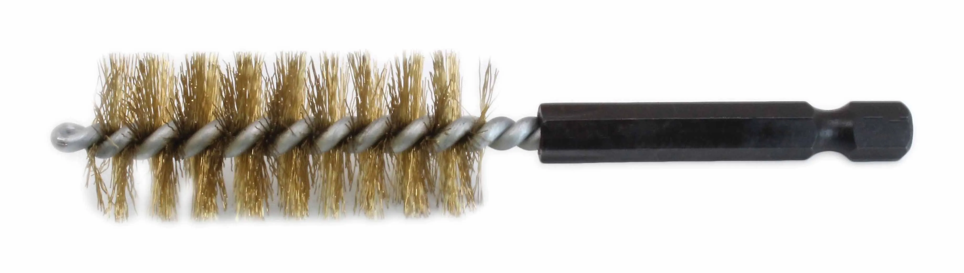 Side view of cylindrical brass-coated wire brush with hex driver shank