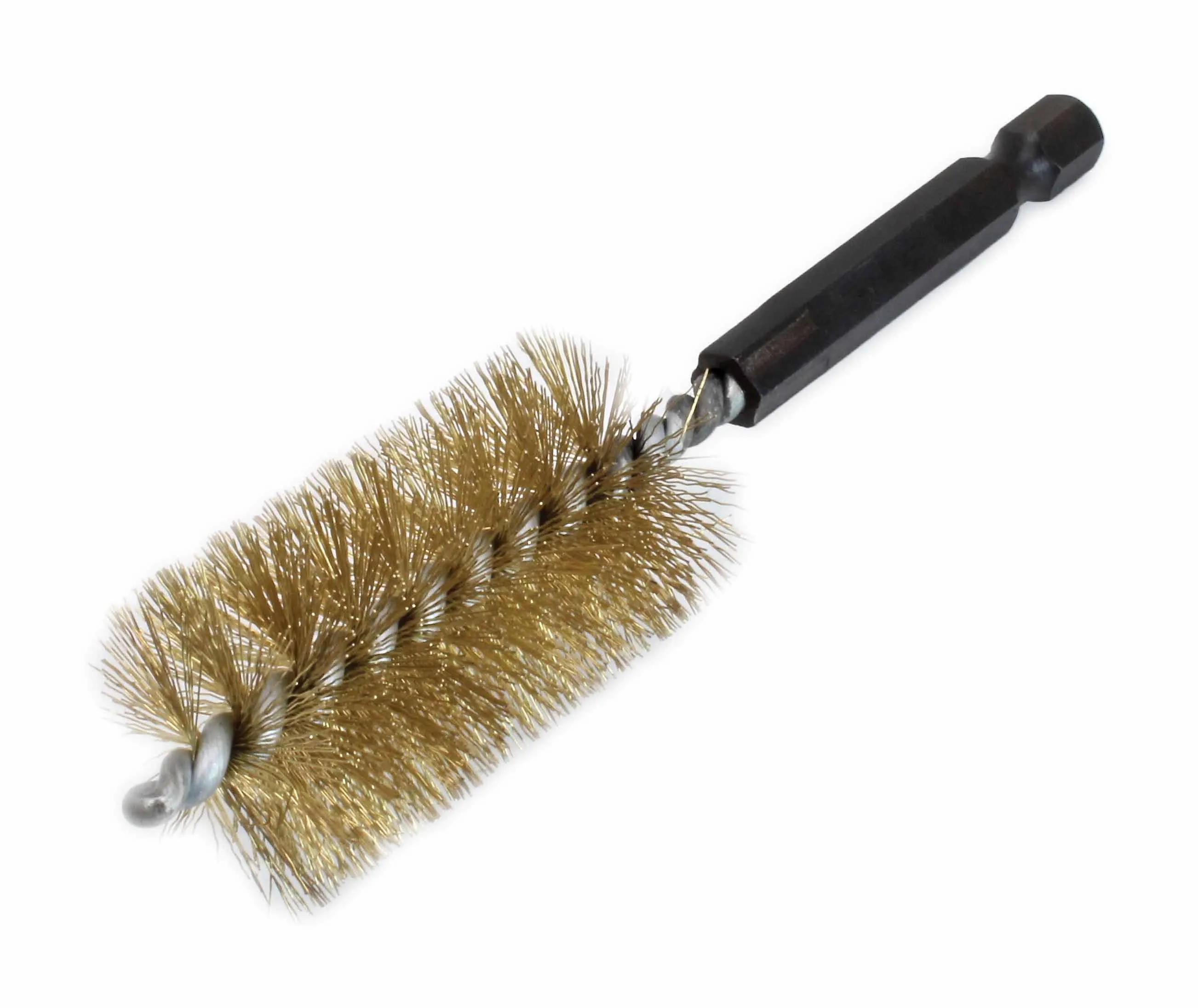 Top-down angled view of a brass-coated steel brush bit with flared bristles and black hex shank.