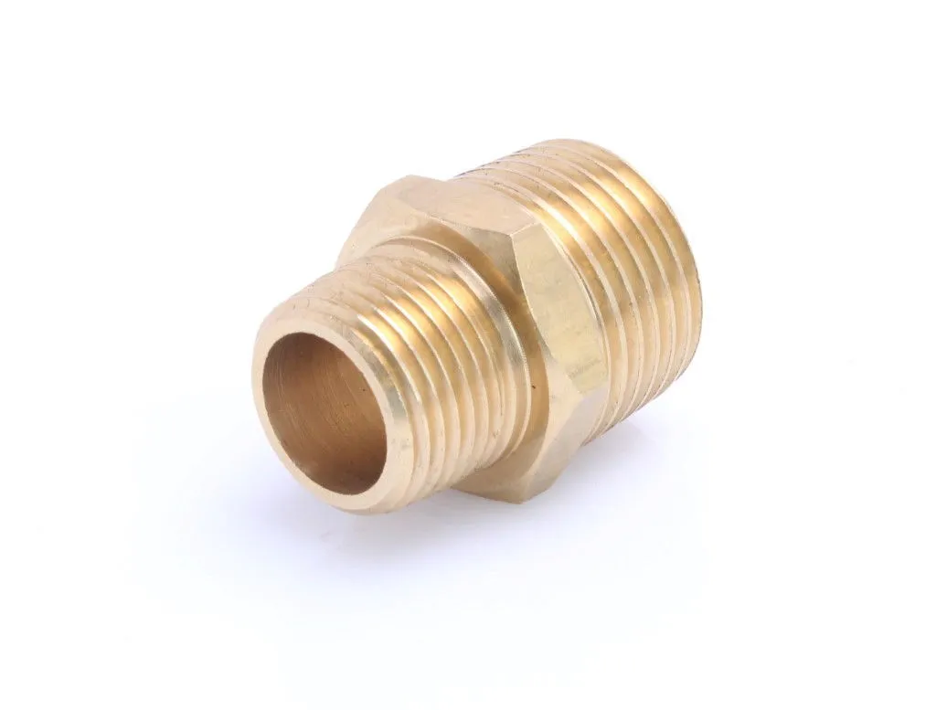 Angled view showing smaller threaded end and interior of brass connector with hex flats