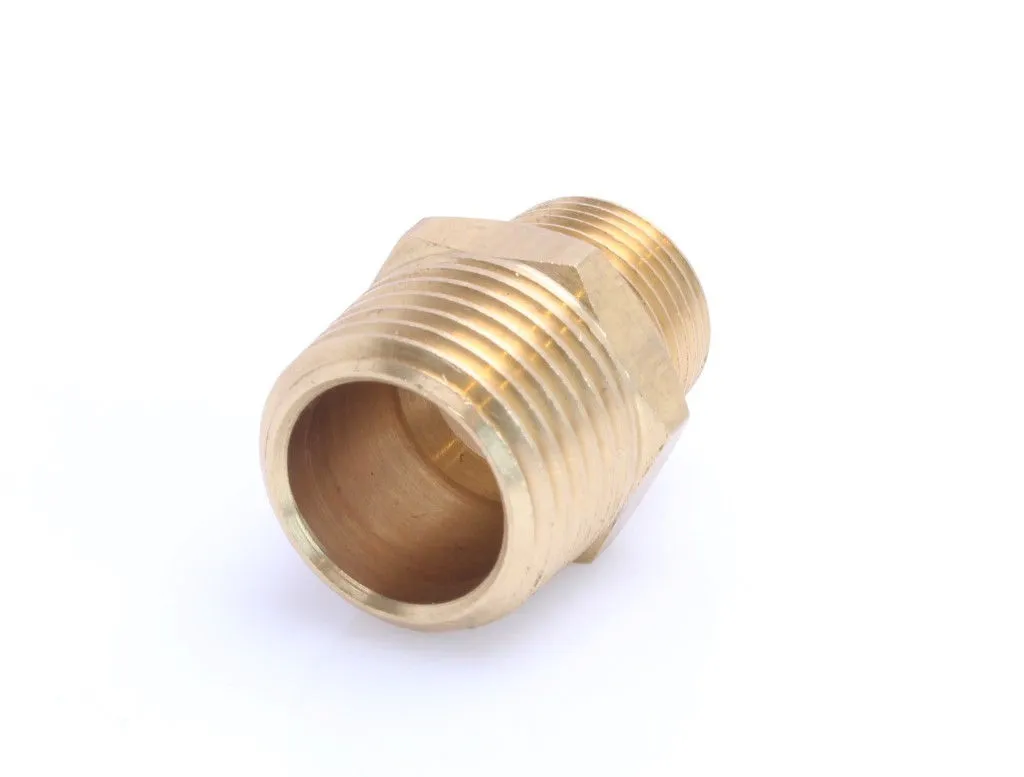 Front-angled view of brass connector showing larger male thread and interior, hex flats behind