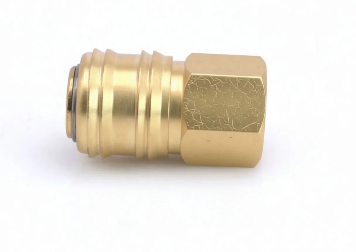 Side view of brass quick connector showing grooved body, hex nut and O-ring