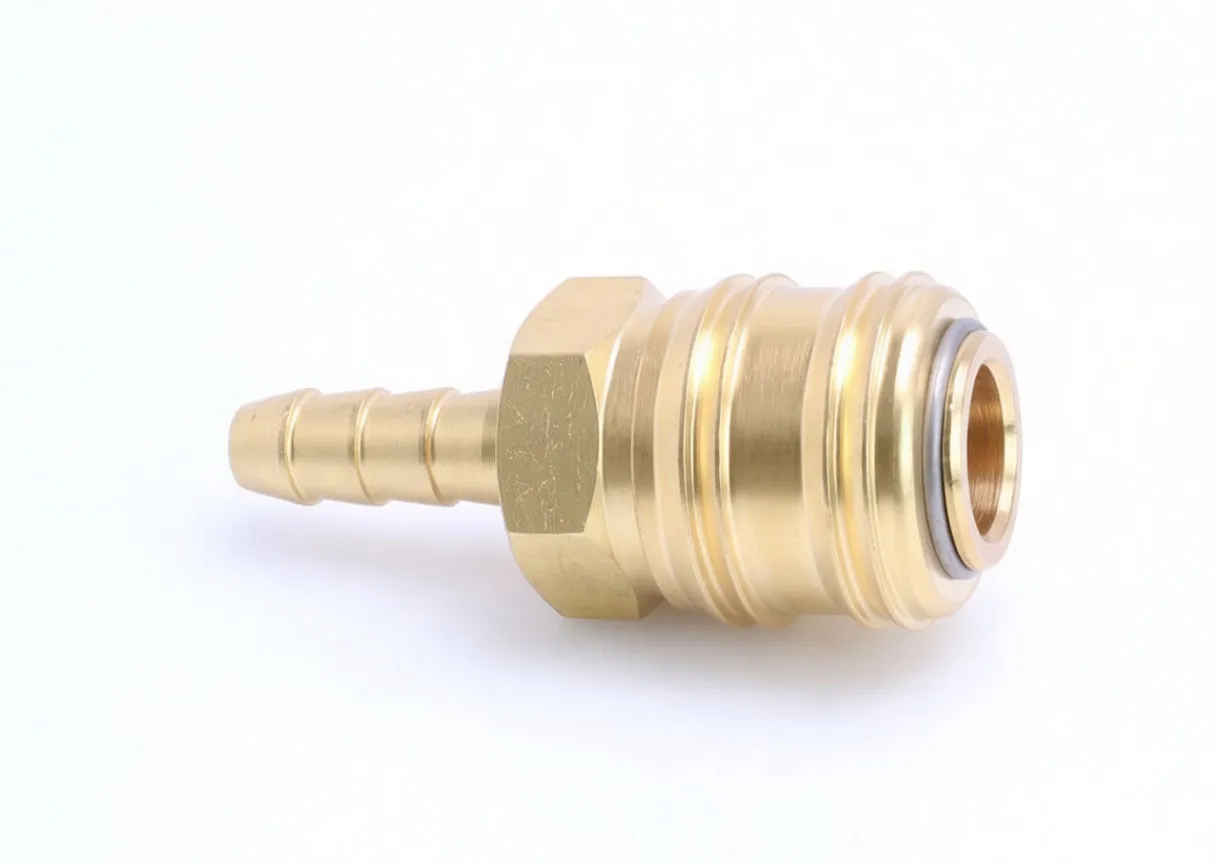Side profile of brass quick-connect coupling with barbed tail and hex wrench flats