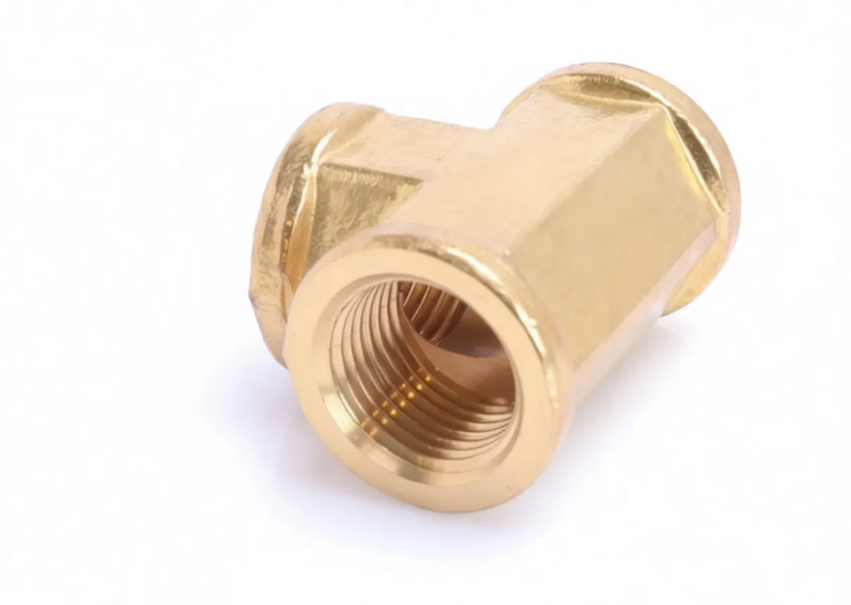 Close-up of one female-threaded port of a brass T-fitting showing internal threads and cast body