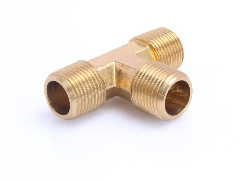 Angled view of brass T fitting with three male threaded ports and wrench flats