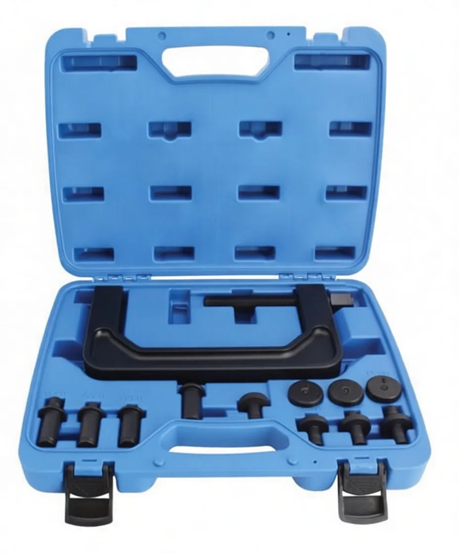 C-frame press and multiple adapter pins laid out on white background; frame marked 'ASTA A-SF77FP' and pins show size markings