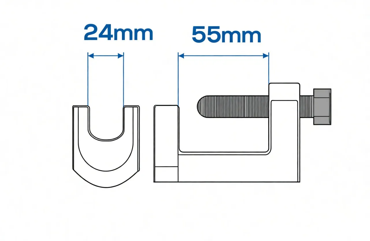 Diagram of C-type ball-joint puller showing U-jaw width 24mm and throat depth 55mm