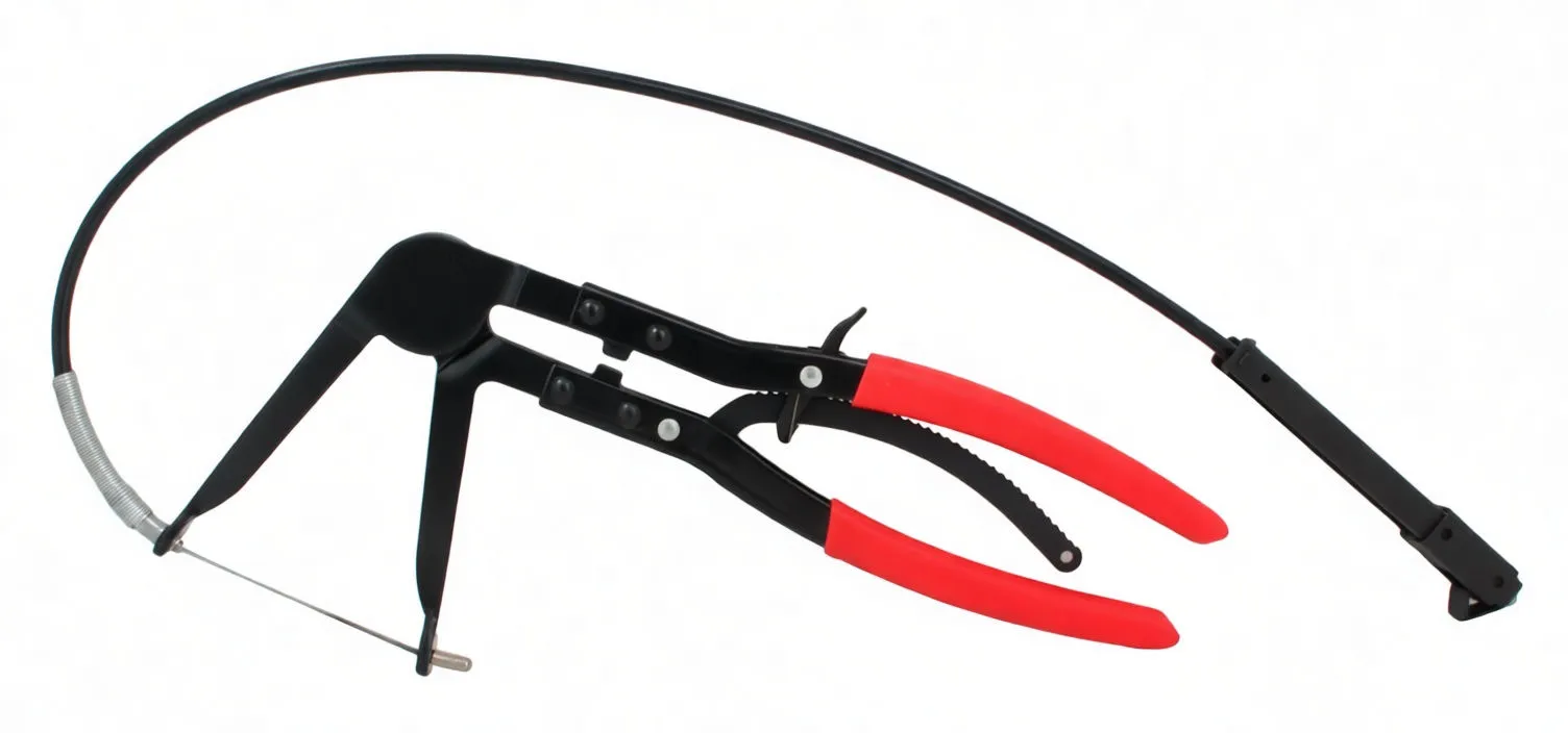 Top view of hose clamp pliers with red grips, slender jaw pins and long curved black control cable with plastic end piece.