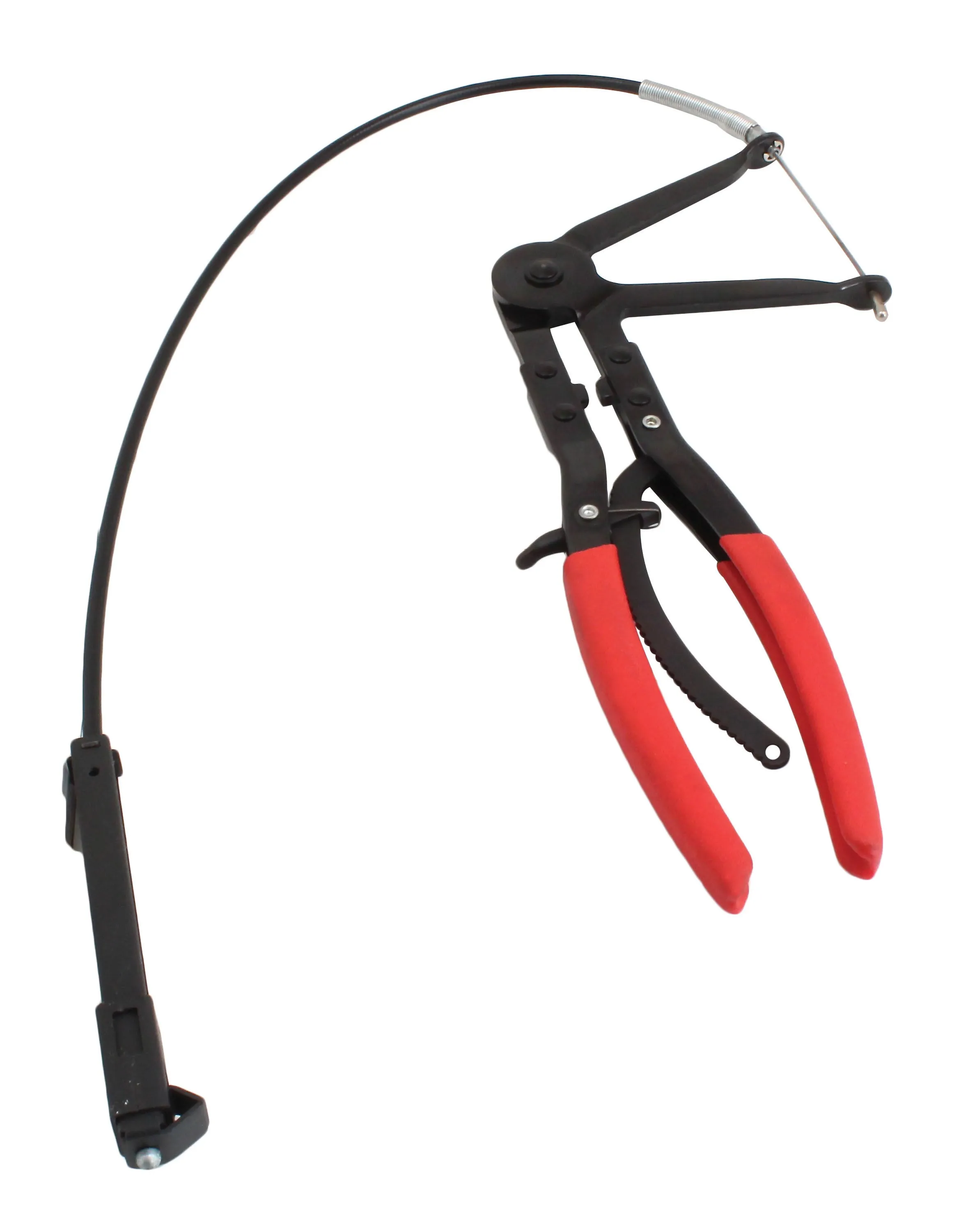 Angled image of hose clip pinchers showing thin jaw pin, red handles, locking lever and flexible black cable with plastic remote housing.