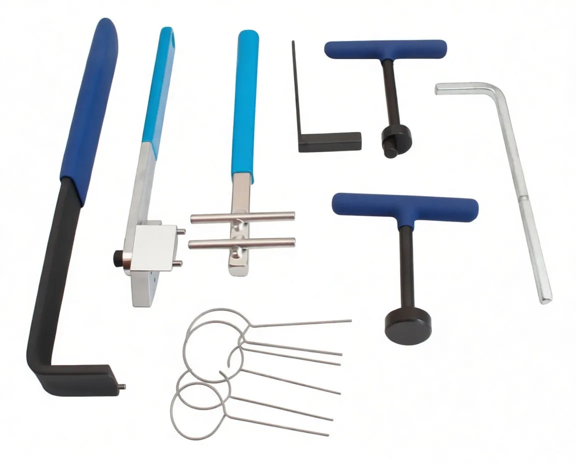 Individual cam belt tensioning tools laid out: levers, clamp head, crossbar, T-handle pullers, L-rod and set of small locking pins