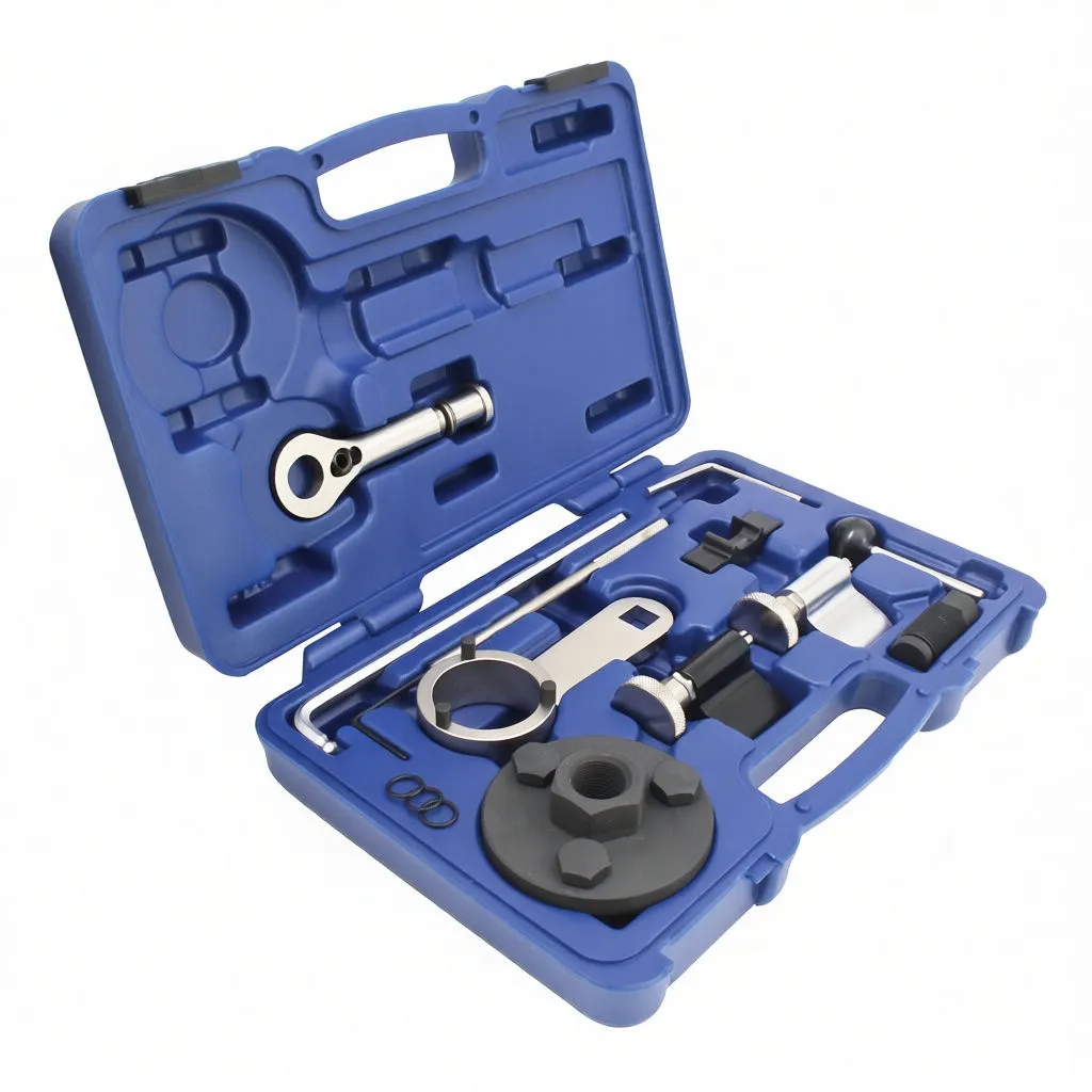 Separate components of VAG locking tool set arranged on white background