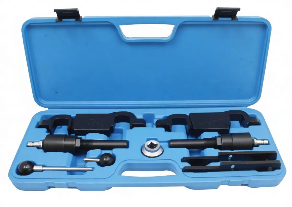 Open blue tool case laid flat with camshaft locking blocks, cylindrical adapters, socket, pins and flat timing plates