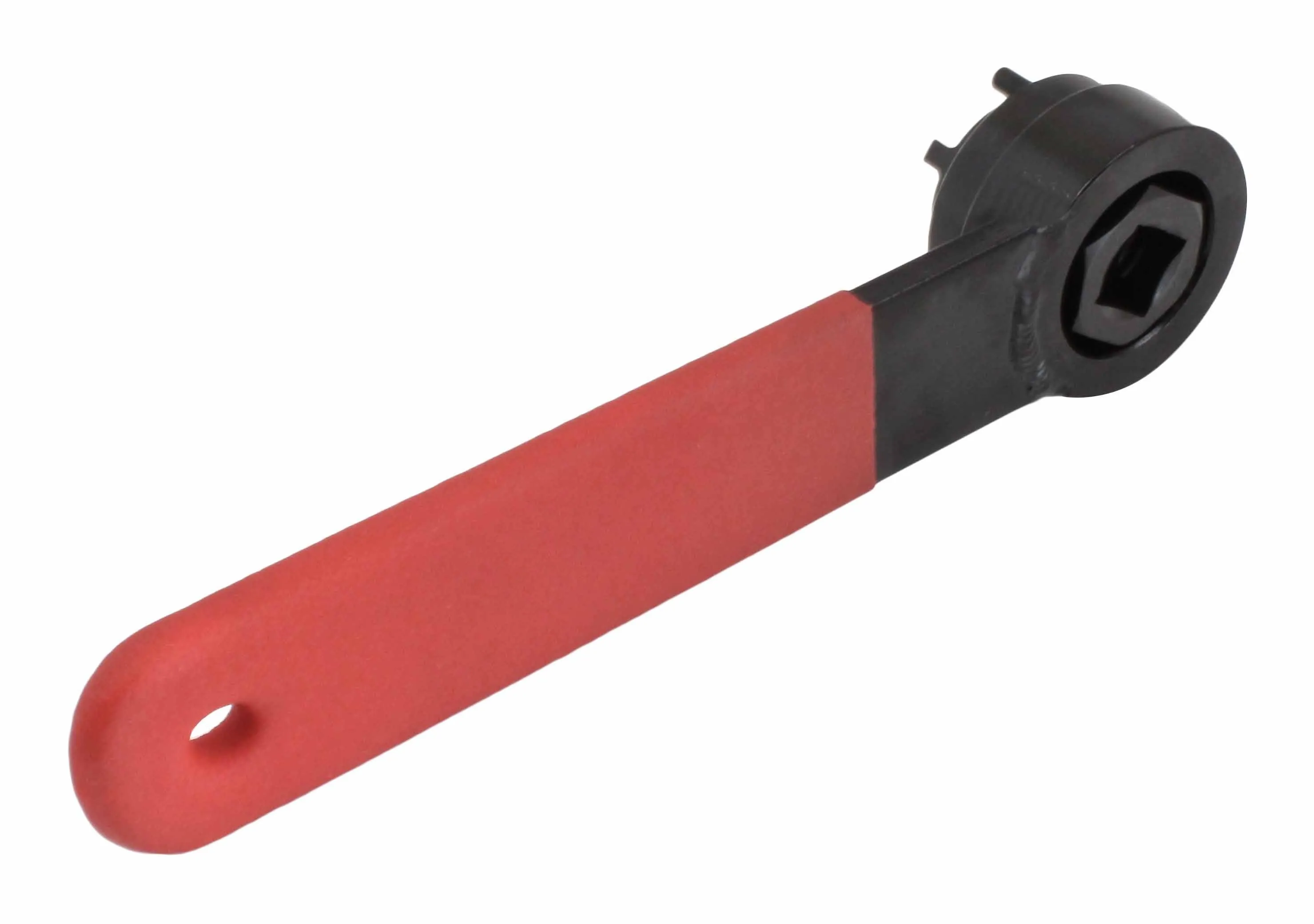 Rear view of cam pulley nut tool showing square drive recess and red handle