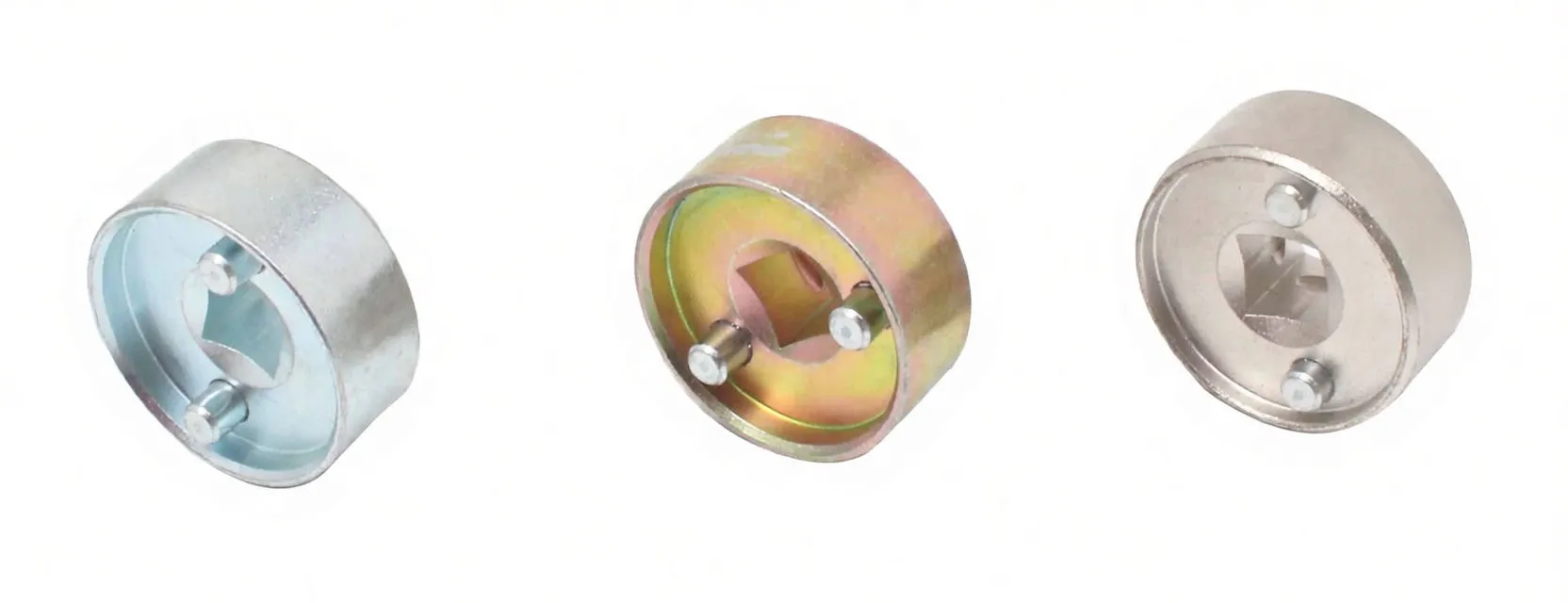 Row of three camshaft adjustment sockets showing central square drive recesses and locating pins, different metal finishes, ASTA marking visible.